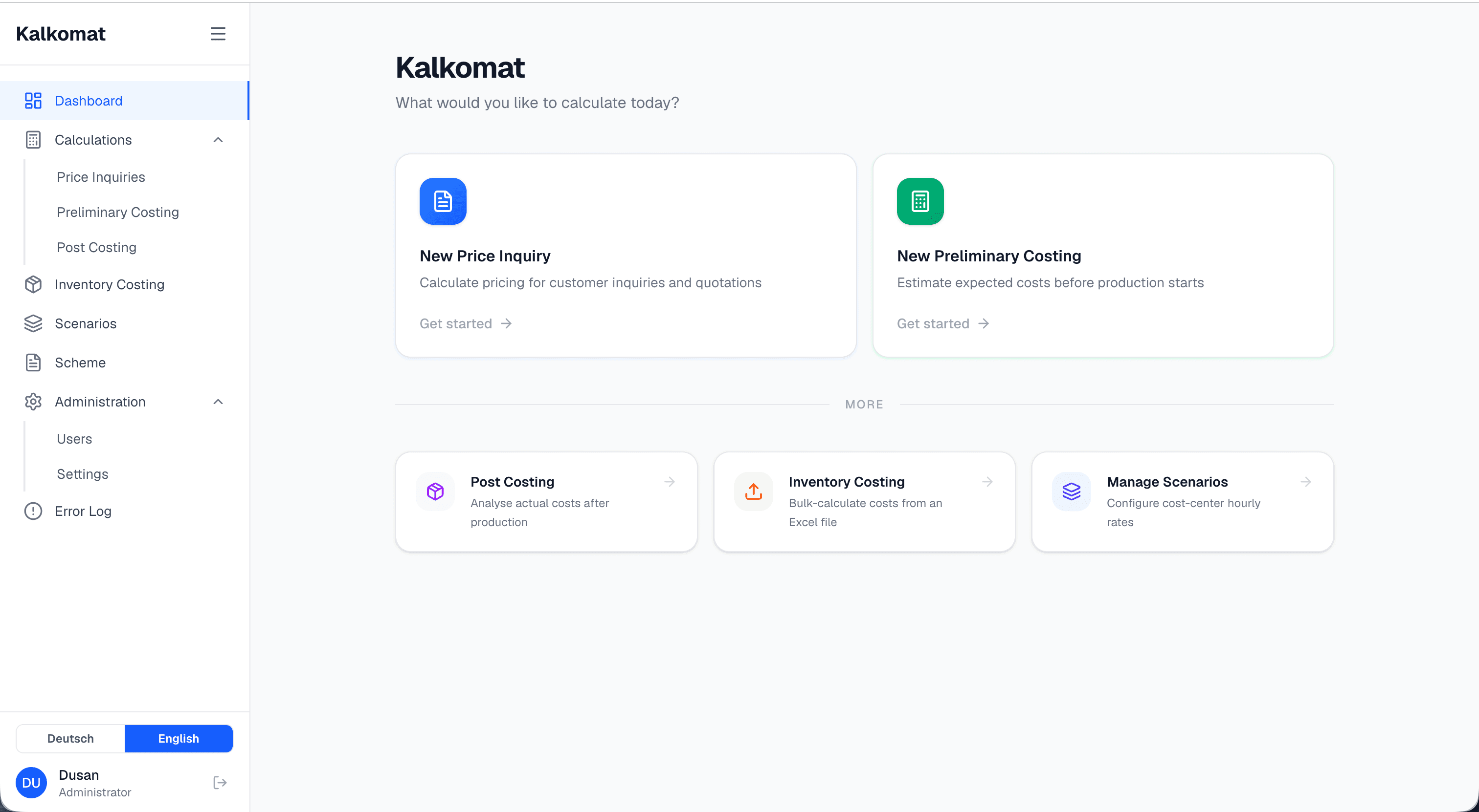 Kalkomat dashboard with price inquiry and preliminary costing entry points