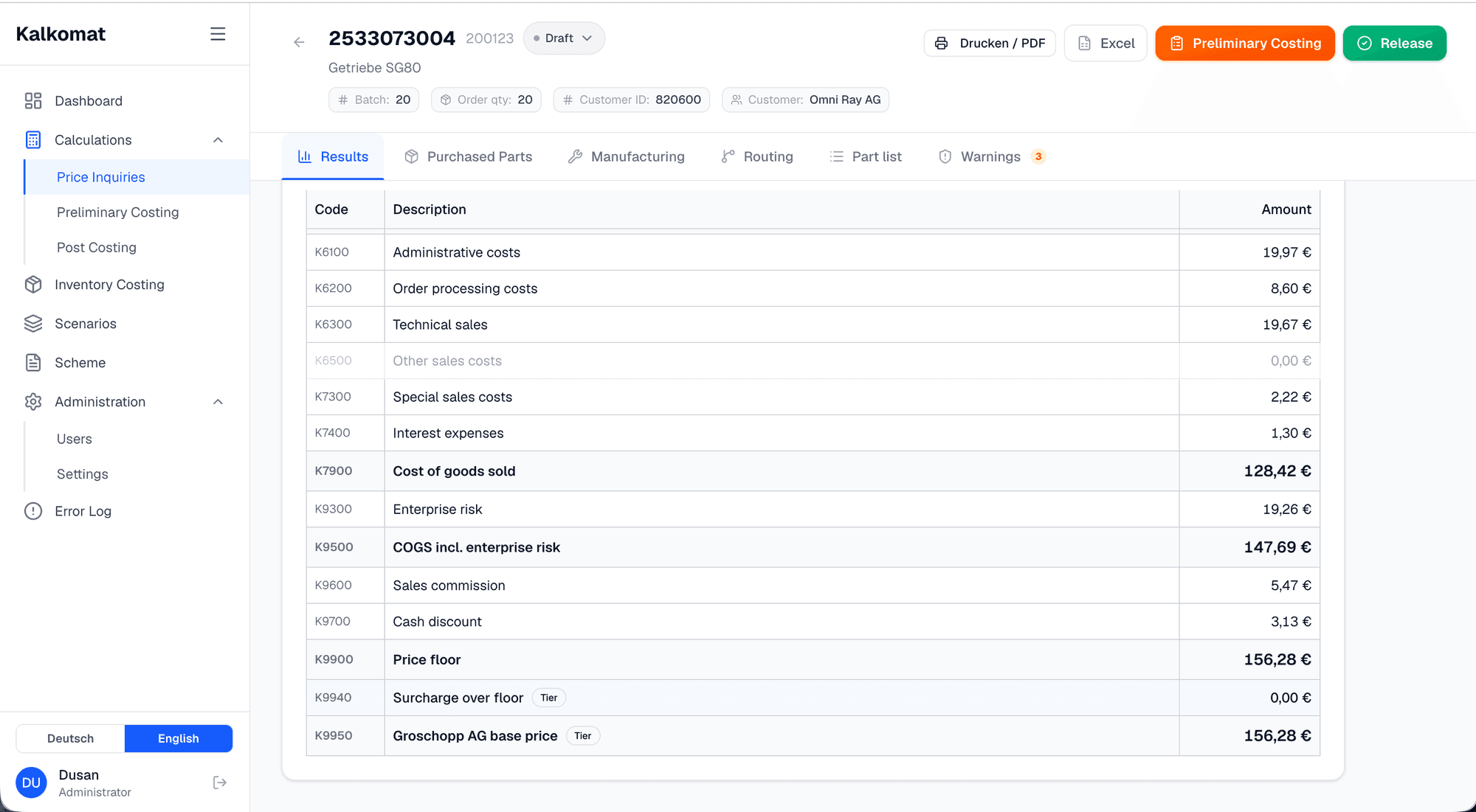 Kalkomat costing result with a full cost breakdown per order