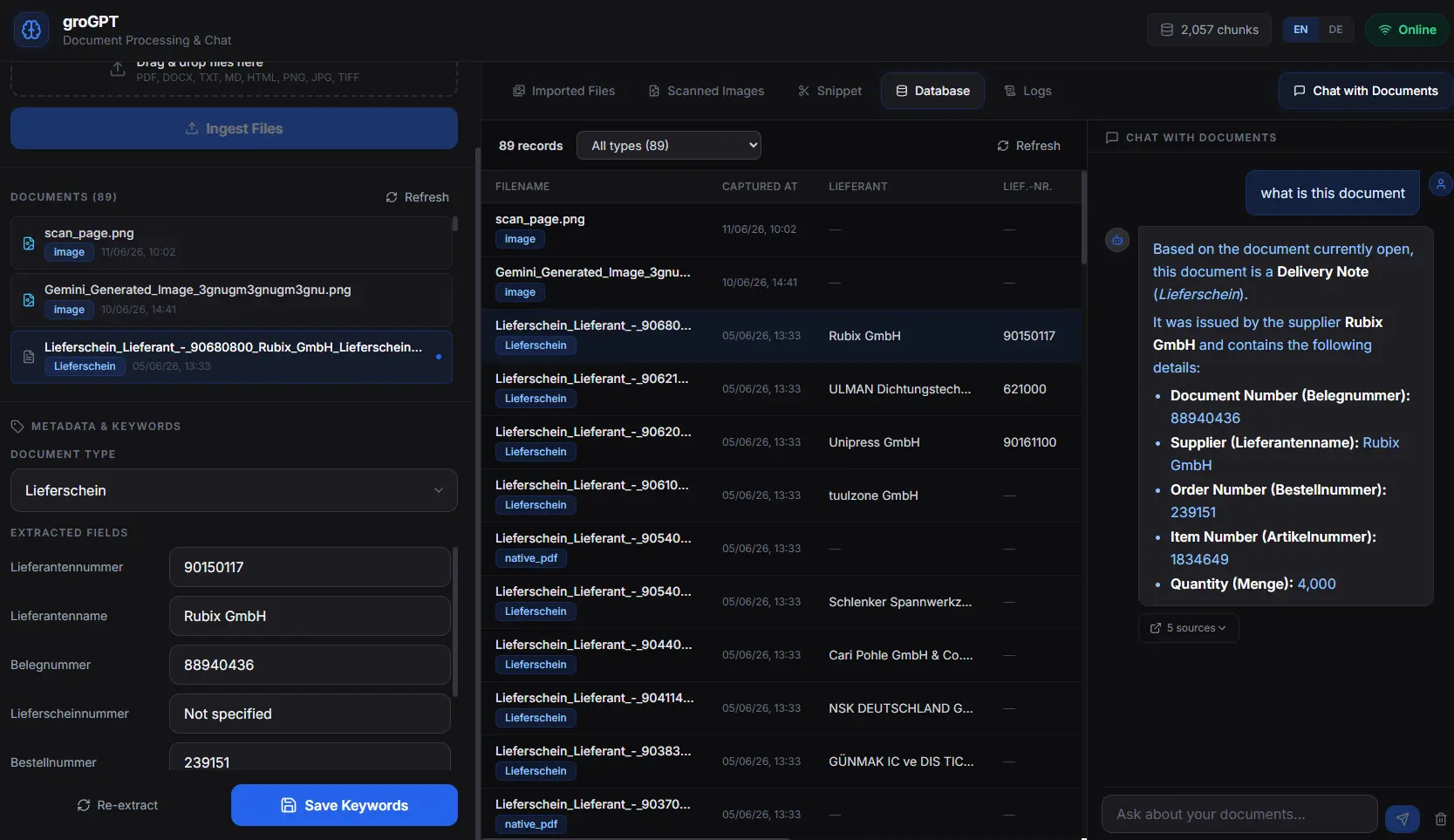 LOM/AI document chat answering a question about a scanned delivery note